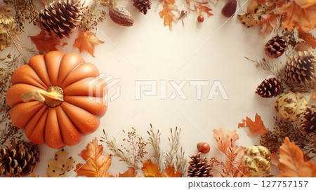 Rounded pumpkin, autumn leaves and pine arranged copy space background 127757157