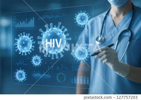 Doctor wearing gloves interacts with hologram displaying HIV virus models and medical data, symbolizing advanced healthcare technology and research in infectious disease treatment 127757203