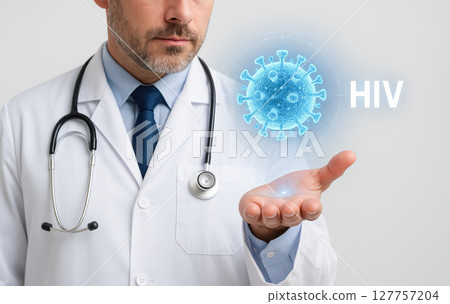 Doctor in white coat with stethoscope holding glowing blue hologram of virus representing HIV medical concept with serious expression and futuristic technology 127757204
