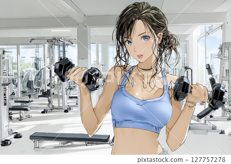 Young woman training with kettlebells in a sports gym Young woman training with kettlebells in a sports gym 127757278
