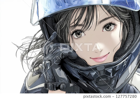 Illustration of a close-up of a female rider on a white background Illustration of a close-up of a female rider on a white background 127757280