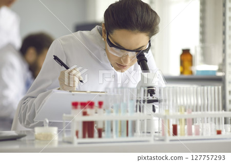 Woman in a white coat looks in a microscope. 127757293