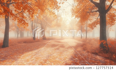 Yellow scent dark pine forest with foggy mysterious effect nature park 127757314