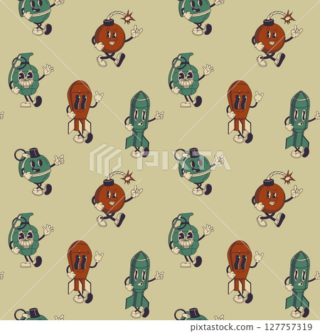 Seamless pattern with Groovy Cartoon Rocket Grenade and Bomb Characters	 127757319