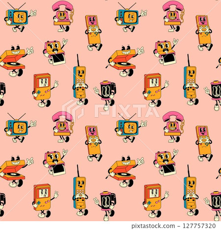 Seamless pattern with Funky Cartoon Collection of Old-School Electronics 127757320