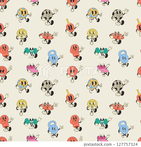 Seamless pattern with retro cartoon style sports equipment. Playful, colorful, and funky Seamless pattern with retro cartoon style sports equipment. Playful, colorful, and funky 127757324