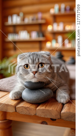 Gray Scottish Fold cat relaxes with smooth spa stones on wooden table creating calm and peaceful atmosphere perfect for spa and relax moments in cozy setting 127757509