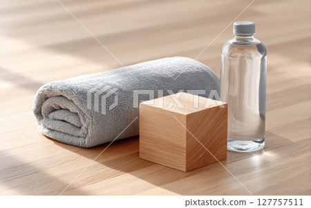Rolled towel wooden cube and clear water bottle on wooden floor create calm morning mindfulness routine for relaxation and self care in peaceful setting Rolled towel wooden cube and clear water bottle on wooden floor create calm morning mindfulness routine for relaxation and self care in peaceful setting 127757511