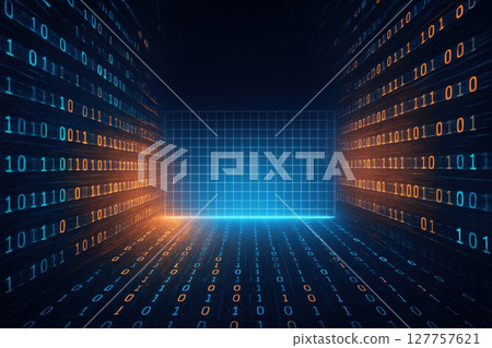 Digital data room with glowing binary code and grid pattern creates futuristic trust environment where zero errors are aimed for in technology and information security 127757621