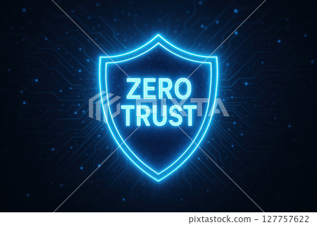 Zero trust concept glowing shield symbol on dark digital background representing cybersecurity protection and secure network defense with futuristic blue neon light 127757622
