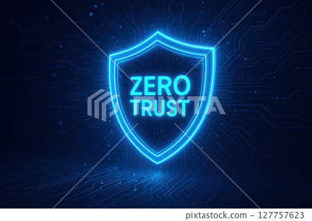 Zero trust concept with glowing shield symbol on digital circuit background representing secure network protection and cybersecurity with zero risk and trust in technology 127757623
