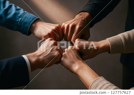Four colleagues brainstorm with high communication and leadership skills in contemporary corporate development meeting showing adviser support and business teamwork in blank space 127757627