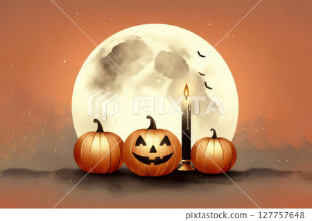 Halloween background with pumpkins, candle and moon. 127757648