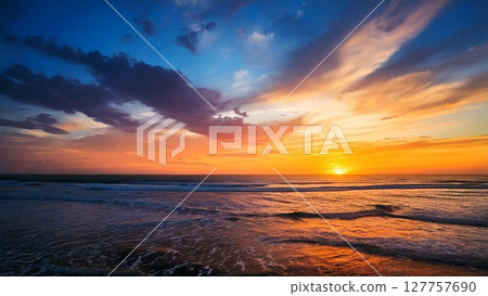 廣闊的盛夏日落天空和大海背景素材16：9尺寸AI生成素材 127757690