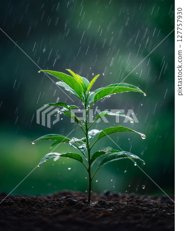 雨中的綠色小樹苗 127757930