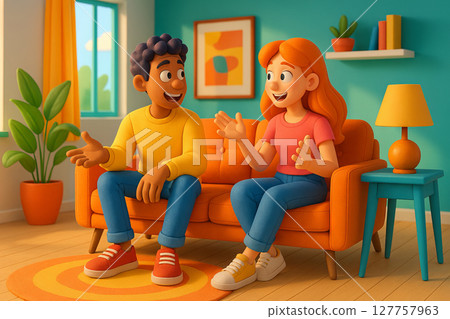 Happy young couple engaging in cozy couch conversation in bright living room. concept of friendship, home decor, relaxing day indoors. 127757963