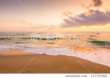 summer vacation at the sea. tranquil splash. beautiful purple pink seascape at sunrise. calm waves wash the golden sandy beach. fluffy clouds on the sky. tourism paradise 127757992