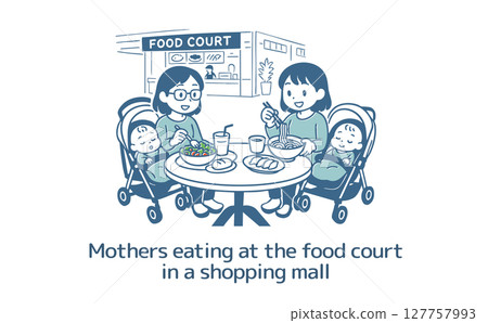 母親們推著嬰兒車在美食廣場吃飯 母親們推著嬰兒車在美食廣場吃飯 127757993