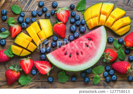 flat lay of assorted summer fruits on picnic table: watermelon, strawberries, blueberries, mango slices, mint leaves 127758013