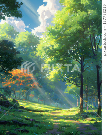 The sun shines on the green woods in spring 127758219