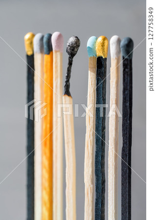 Group of colourful matches and one burned match. Diversity, inclusion abstract concept 127758349