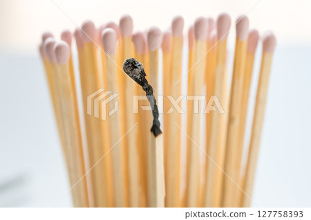 Group of pink matches and one burned match, burnout abstract concept Group of pink matches and one burned match, burnout abstract concept 127758393