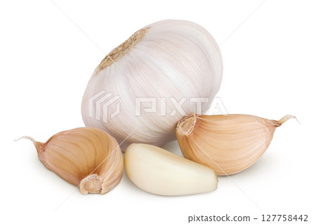 unpeeled whole garlic and cloves isolated on white background close up unpeeled whole garlic and cloves isolated on white background close up 127758442