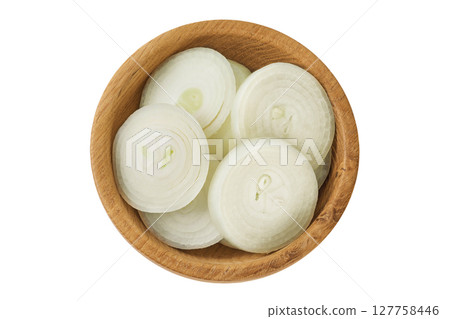 Onion slices in a wooden bowl isolated on a white background. Top view. Flat lay. Onion slices in a wooden bowl isolated on a white background. Top view. Flat lay. 127758446