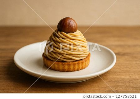 Mont Blanc dessert served on a white plate 127758521