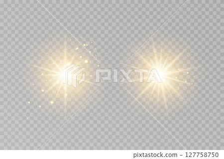Golden star-sun light with glowing rays 127758750