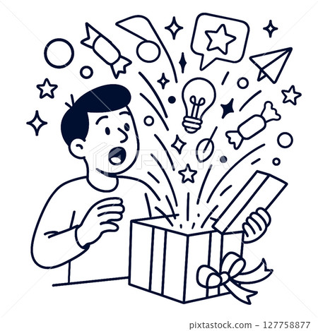 Surprised boy opening gift box with colorful elements and ideas bursting out, expressing joy 127758877