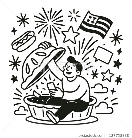 Illustration of person sitting pie, holding phone, surrounded by fireworks and stars Illustration of person sitting pie, holding phone, surrounded by fireworks and stars 127758888