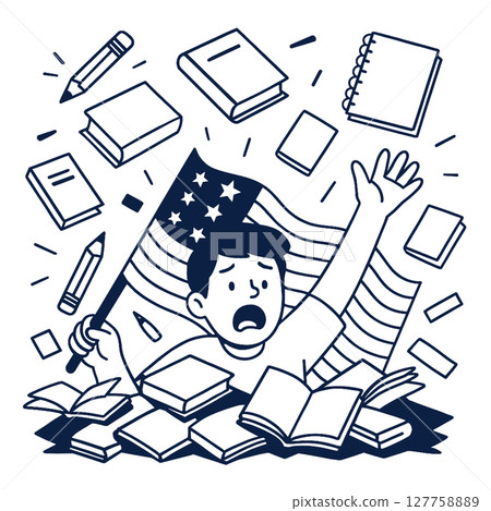 Overwhelmed student holding flag surrounded by books and stationery, expressing frustration 127758889
