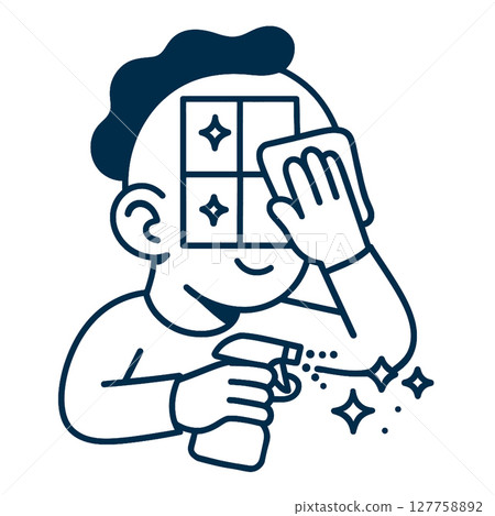 Cleaning window with spray cartoon character cheerful expression household chores cleaning 127758892