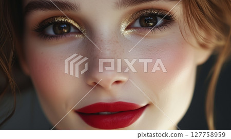 Young female closeup face makeup gold eye shadow and red lipstick with smile 127758959