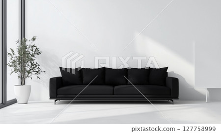 Black sofa and blank white wall minimalist interior cozy house comfortable 127758999