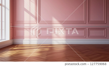 Classic house aesthetic with pink wall and brown parquet floor and planthouse Classic house aesthetic with pink wall and brown parquet floor and planthouse 127759068