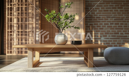 Wooden coffee table, green wall traditional with bonsai Oriental style interior Wooden coffee table, green wall traditional with bonsai Oriental style interior 127759126