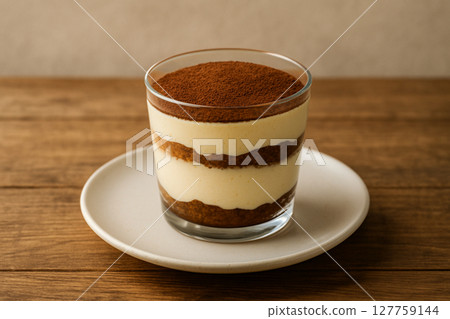 Classic tiramisu served in a glass cup 127759144