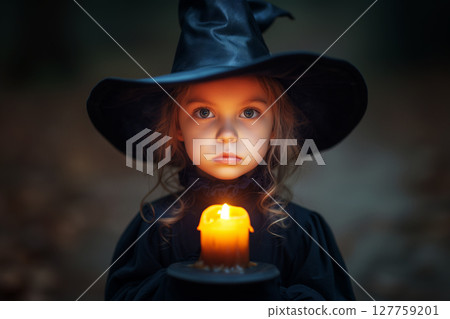 Little girl in witch costume with candle. Halloween concept. Selective focus. 127759201