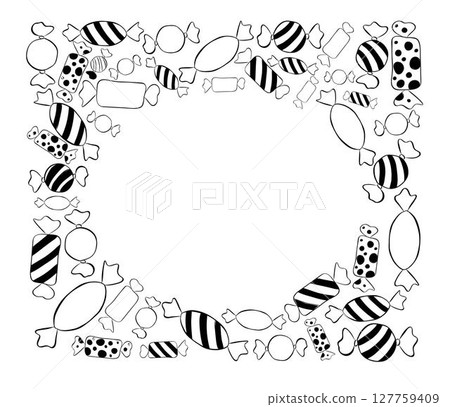 Candy shop lollipops colorful sweets black and white oval in rectangle Frame template. Vector graphic line ink illustration. For poster, flyer, banner, invitation, social media, party or sale 127759409