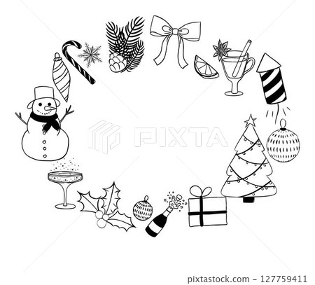 Christmas new year holiday objects, black and white symbols and items. Frame oval template. Vector graphic line ink illustration. Perfect for cards, decorations, stickers, logo, menu 127759411
