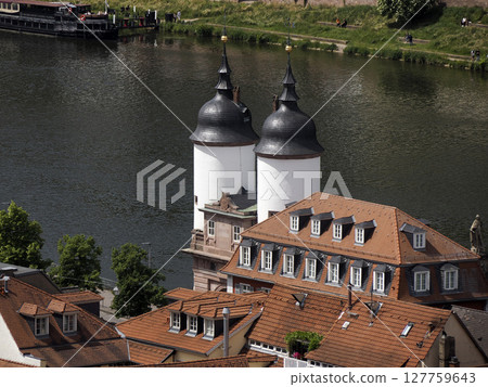 Aerial Town view panorama cityscape from Ancient Heidelberg medieval castle in Germany 127759643