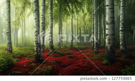 Forest tall tree from mystical forest with little fog and red grass on bottom Forest tall tree from mystical forest with little fog and red grass on bottom 127759865