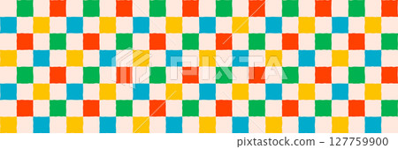 Colorful checker pattern background with red, green, yellow, blue squares. Retro seamless vector background for kids decor, wrapping paper, fabric. Drag to swatches panel to use 127759900