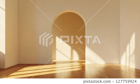 Beige wall room with shadow window sunlight and arch entrance on empty house 127759924