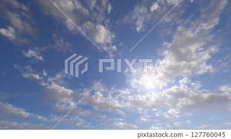 Sunlight breaks through scattered white clouds in expansive blue sky. Bright and calming atmosphere evokes peacefulness. Clouds form dynamic patterns across sky. Neural network AI generated 127760045