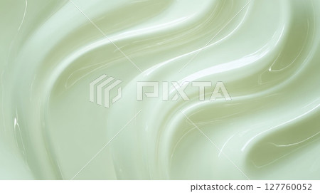 Smooth flowing texture in soft, light green tones creates calming visual impact. Glossy surface with fluid waves evokes sense of motion. Captured from top-down perspective. Neural network AI generated 127760052