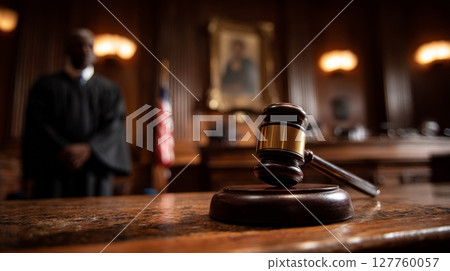 Close-up of gavel on wooden stand in foreground, blurred judge in background. Warm lighting creates solemn atmosphere. Legal authority emphasized. Neural network AI generated 127760057