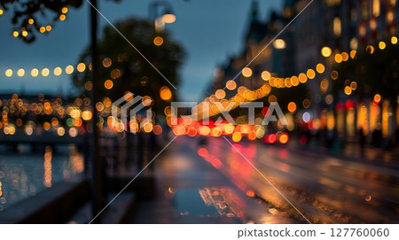 Blurred cityscape reveals colorful bokeh lights reflecting on wet pavements beside waterway. Vibrant tones highlight nighttime ambience from elevated perspective. Neural network AI generated Blurred cityscape reveals colorful bokeh lights reflecting on wet pavements beside waterway. Vibrant tones highlight nighttime ambience from elevated perspective. Neural network AI generated 127760060